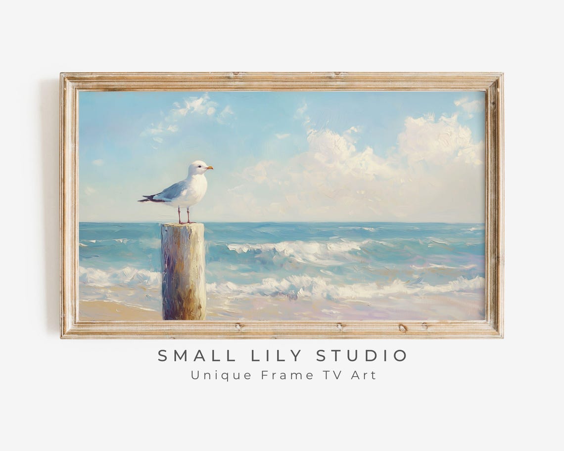 Seagull On Wooden Post Over Blue Ocean Waves Coastal Bird Poster