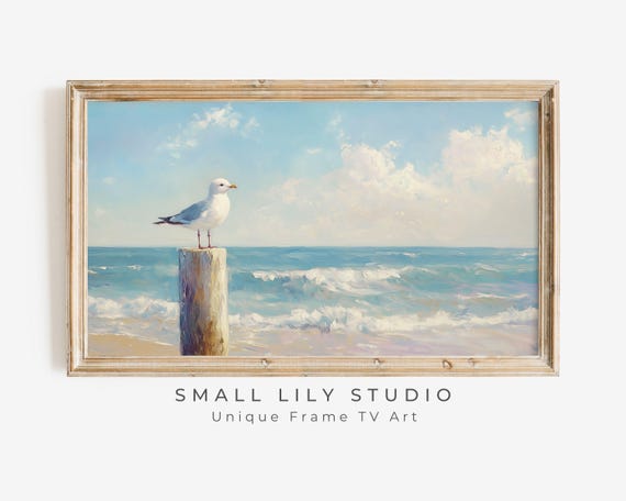 Frame Tv Art Seagull On Beach Coastal Frame Tv Art Fun Cute Summer Tropical Picture Bird Lover Tv Screensaver Blue Tv630