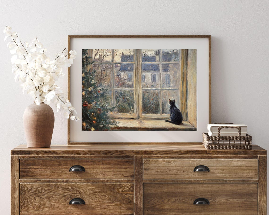 Black Cat Windowsill Snowy Window View Christmas Tree Rustic Art Print - Image 2