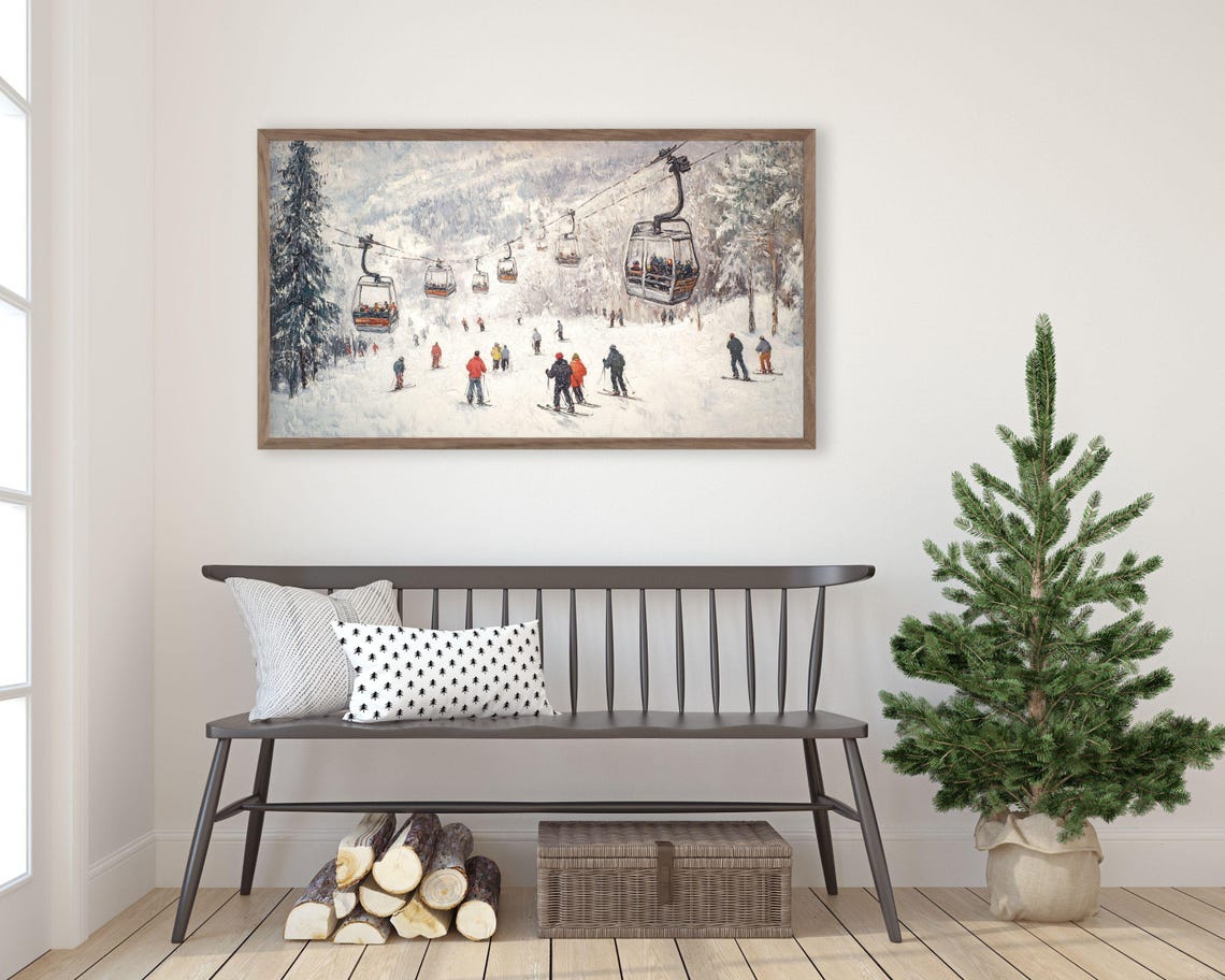 Frame Tv Art Gondolas And Skiers Frame Tv Art Winter Holidays In Snowy Mountains Vintage Style Painting Tv Screeensaver Tv586 - Image 2