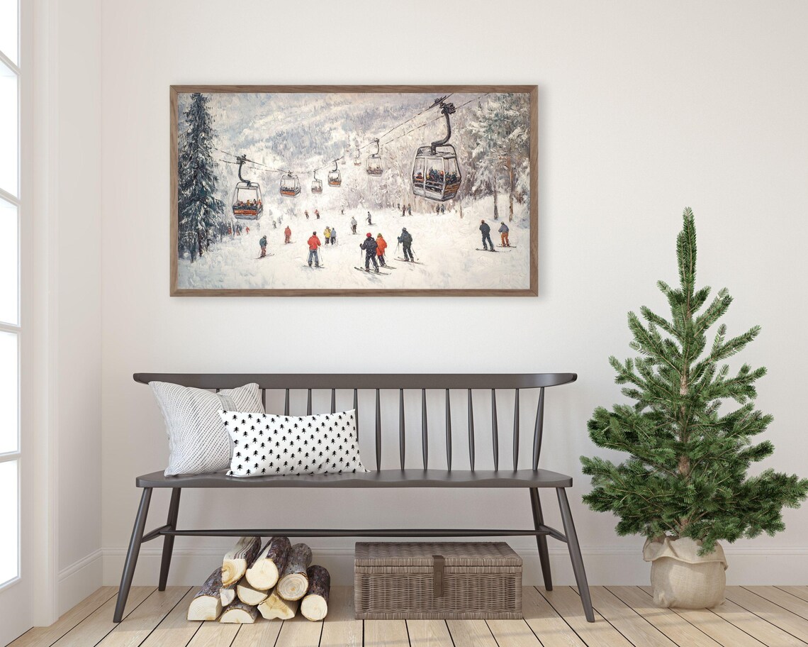 Ski Gondolas Carrying Skiers Over Snowy Slopes Vintage Winter Mountain Poster - Image 2