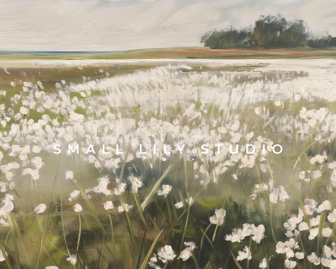 White Wildflower Field Summer Bloom Landscape Vintage Painterly Art Poster - Image 4