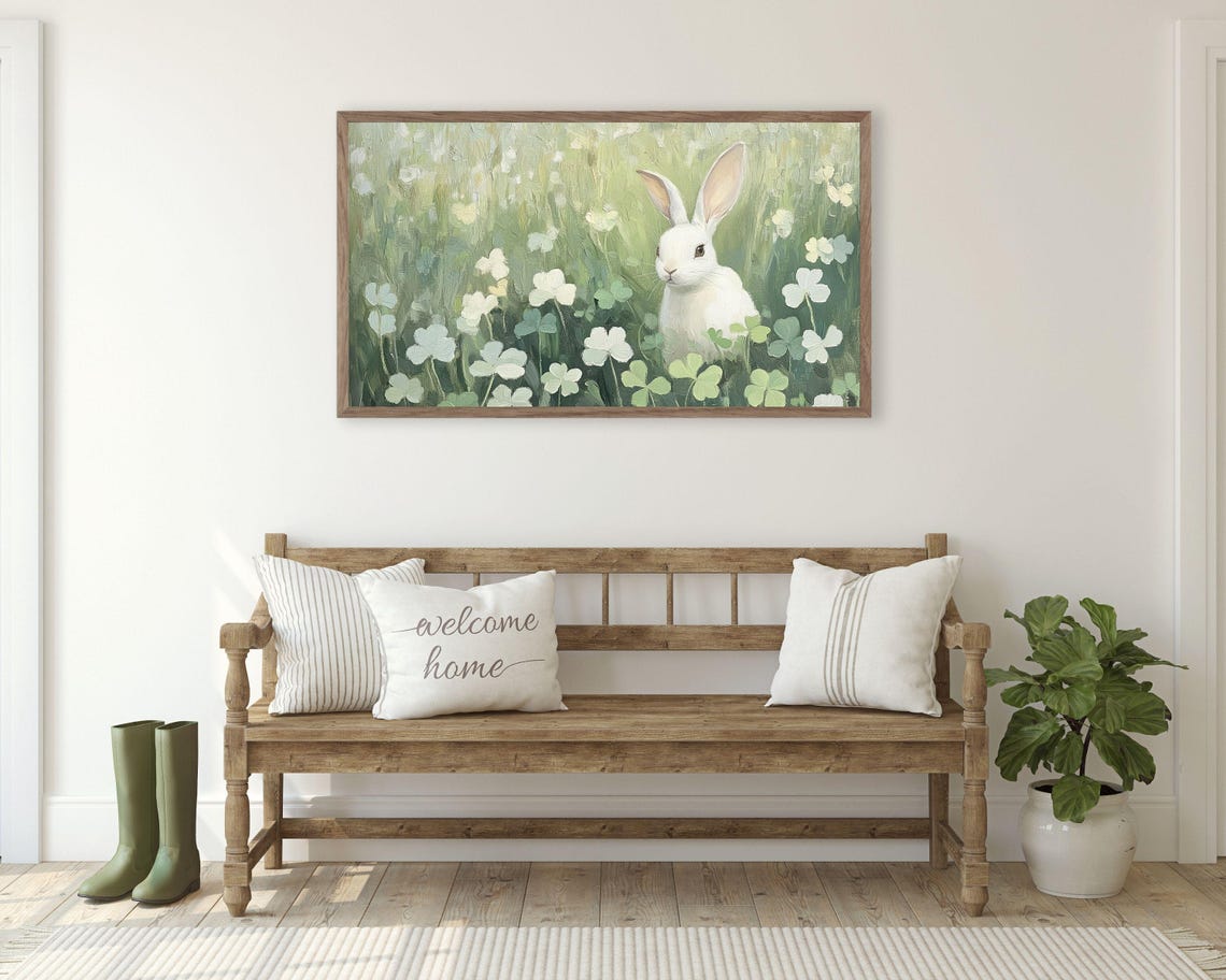 White Rabbit Among Clover Flowers Spring Vintage Animal Poster - Image 3