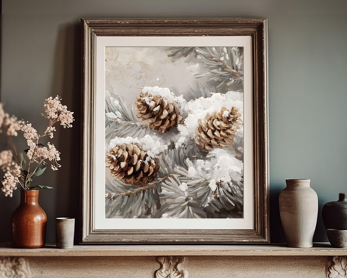 Snow Dusted Pinecones on Frosty Branches Vertical Neutral Winter Poster - Image 3