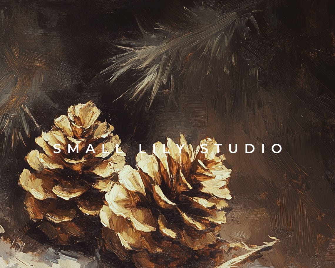 Two Golden Pinecones in Dark Moody Forest Still Life Minimalist Poster - Image 4