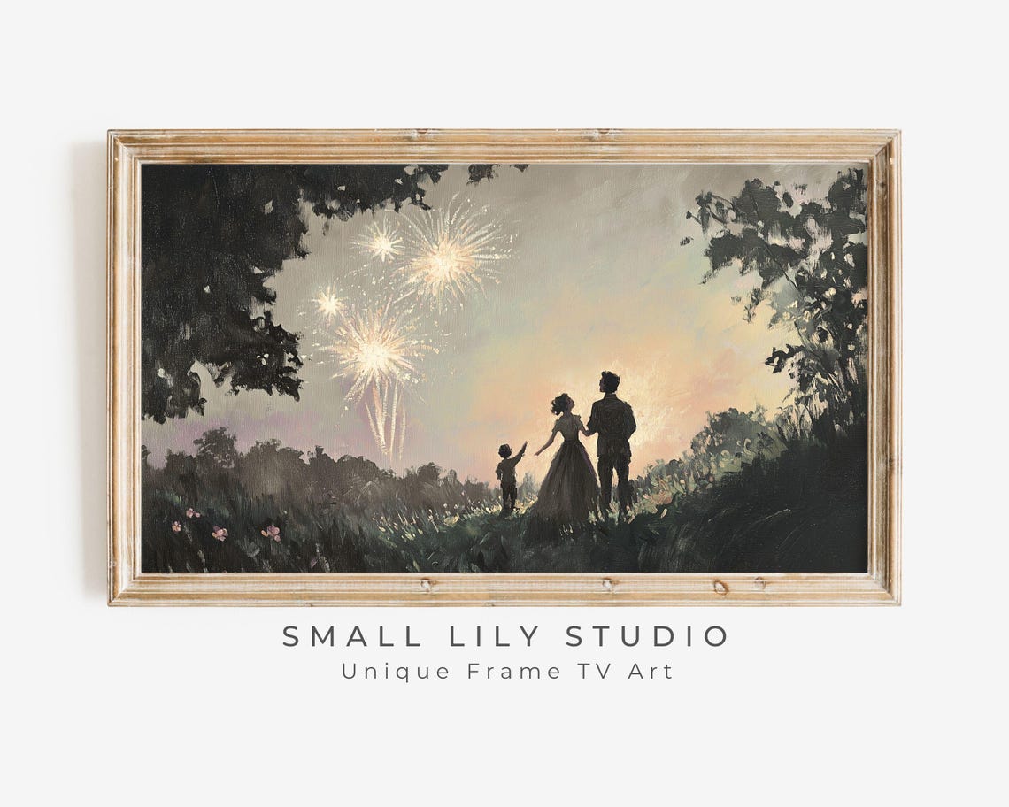 Family Silhouette Watching Fireworks In Meadow At Dusk Painting Poster