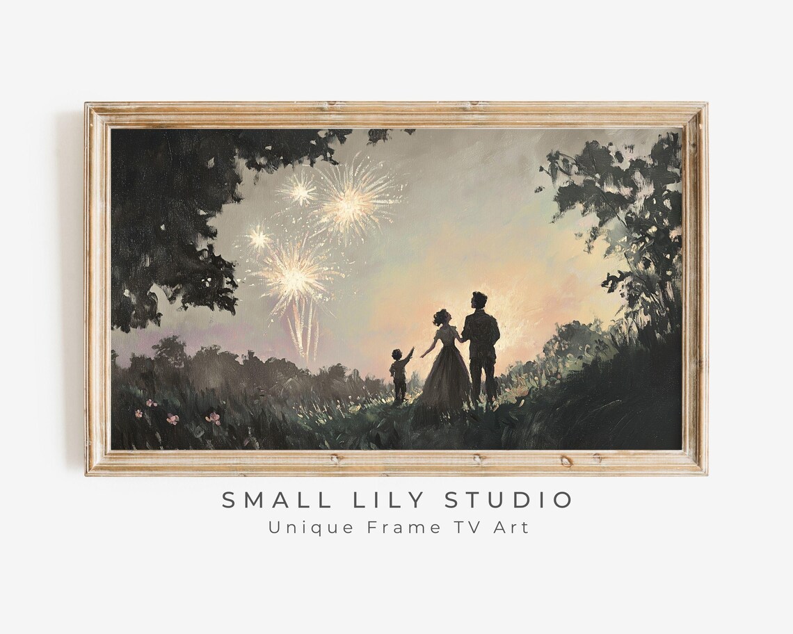 Frame Tv Art Family Watching Nye Fireworks New Years Eve Celebration Tv Screensaver Frame Tv Art Vintage Style Painting Tv567