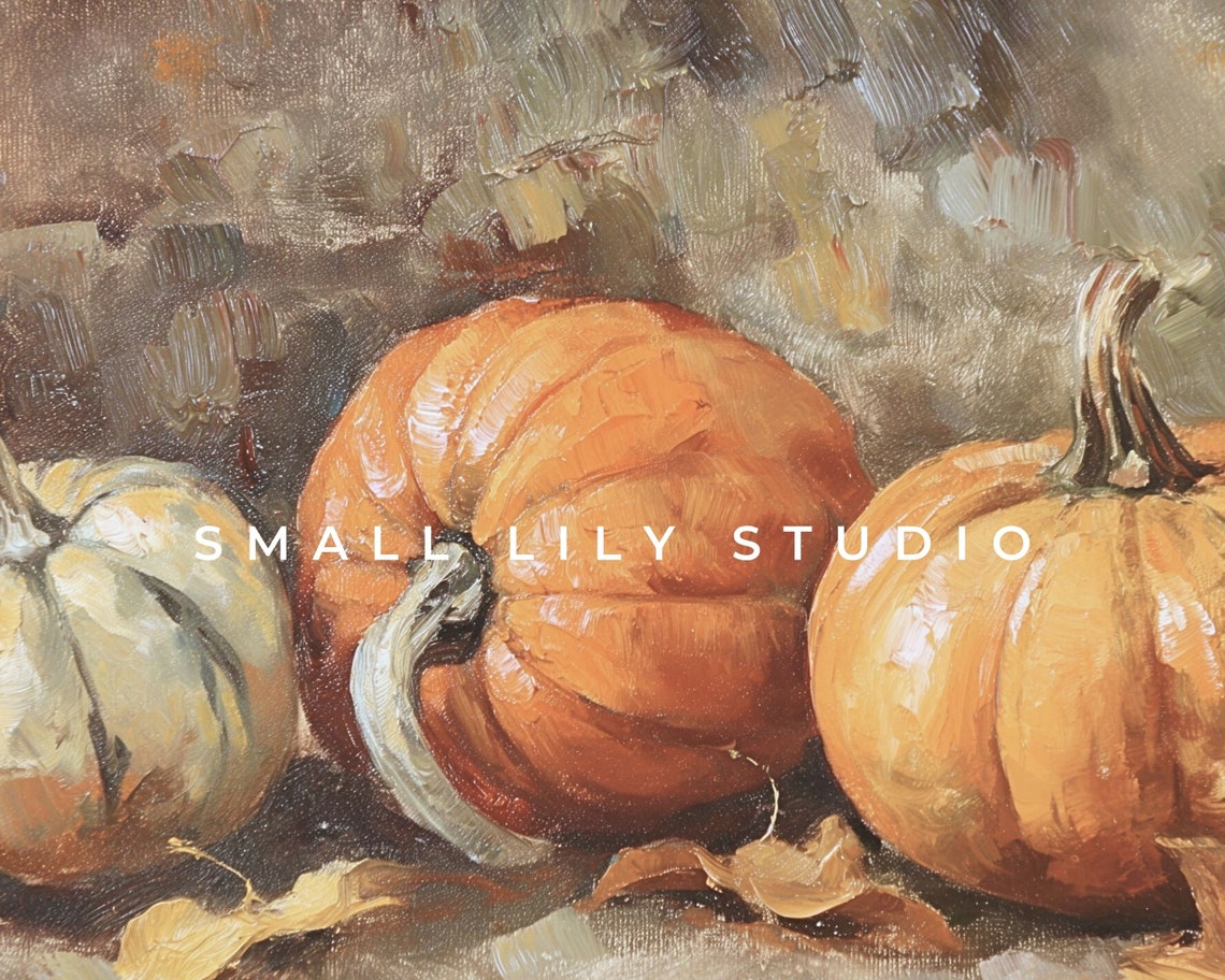 Rustic Pumpkins With Autumn Leaves Fall Harvest Oil Painting Poster - Image 4