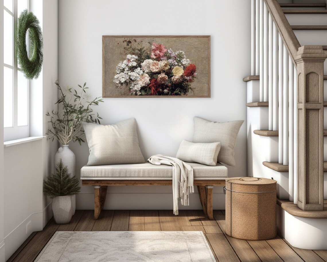 Vintage Floral Bouquet Still Life Moody Neutral Oil Painting Art Print - Image 2