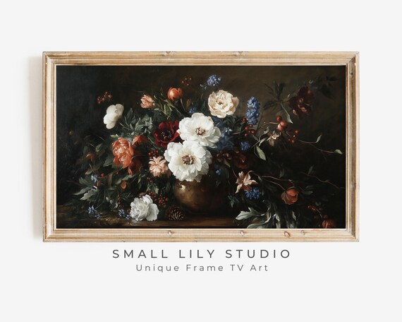 Frame Tv Art Moody Flowers And Berries Frame Tv Art Vintage Style Floral Still Life Painting Dark Black Fall Winter Decor Tv538