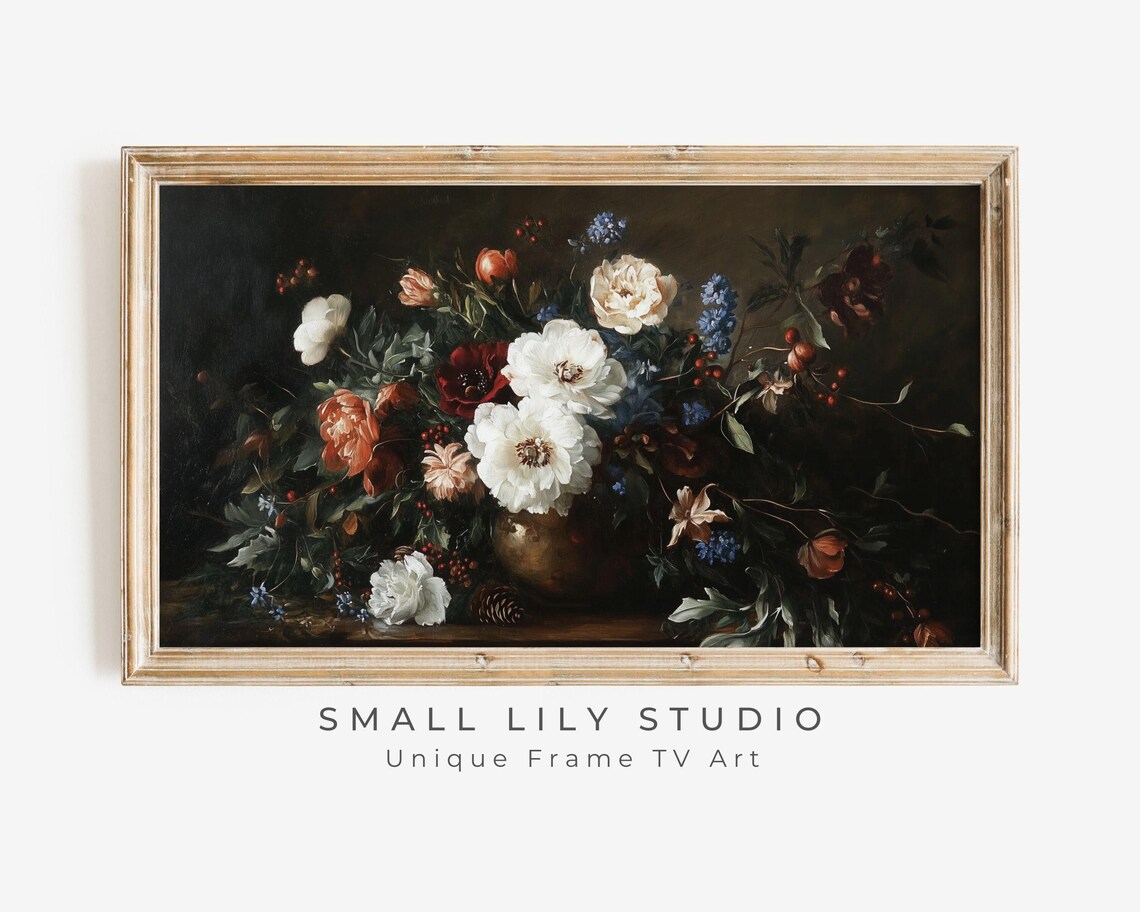 Moody Flowers And Berries Dark Still Life White Peonies Vintage Painting Poster