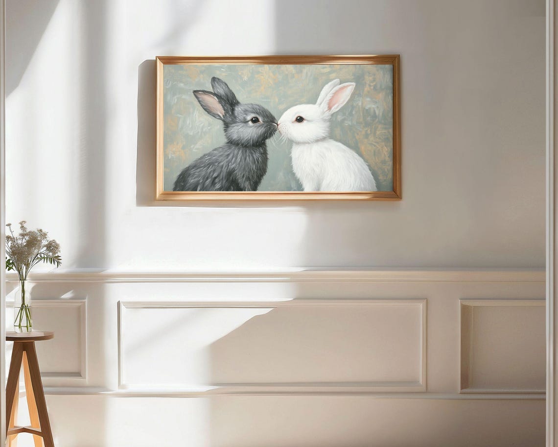 Frame Tv Art Romantic Bunnies Frame Tv Art Valentines Day Cute Easter Tv Art Screensaver For Kids Grey White Rabbits Tv607 - Image 3