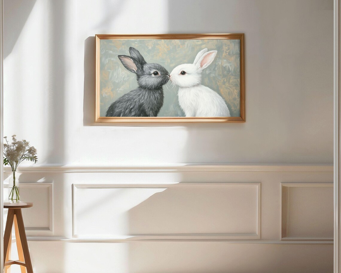 Grey and White Bunnies Nose to Nose Cute Rabbit Love Kids Room Poster - Image 3