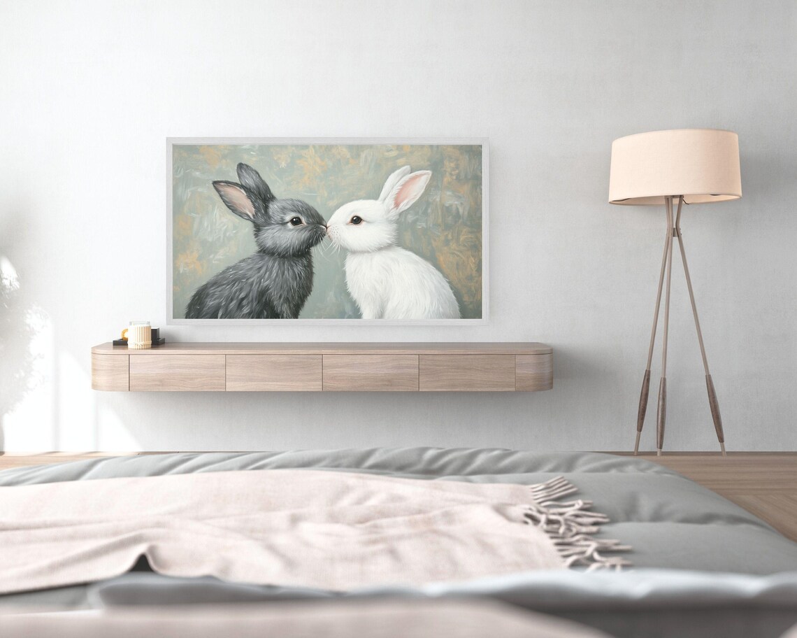 Grey and White Bunnies Nose to Nose Cute Rabbit Love Kids Room Poster - Image 2
