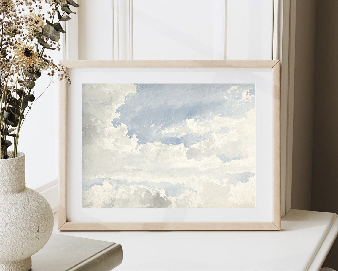 Blue Sky White Clouds Watercolor Minimalist Cloudy Sky Art Print - Image 2