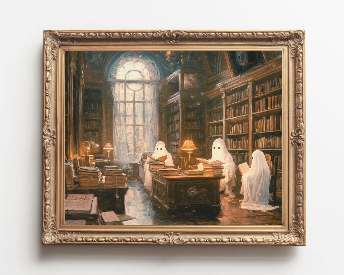 Halloween Ghosts Reading In Library Vintage Style Halloween Wall Art Moody Halloween Print Cute Spooky For Book Lovers P088 - Image 3