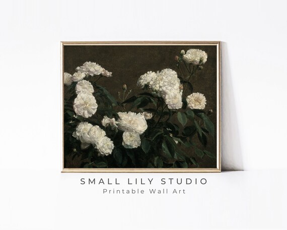Moody Flowers Wall Art Vintage Painting Still Life Flowers Print White Floral Print Dark Instant P069