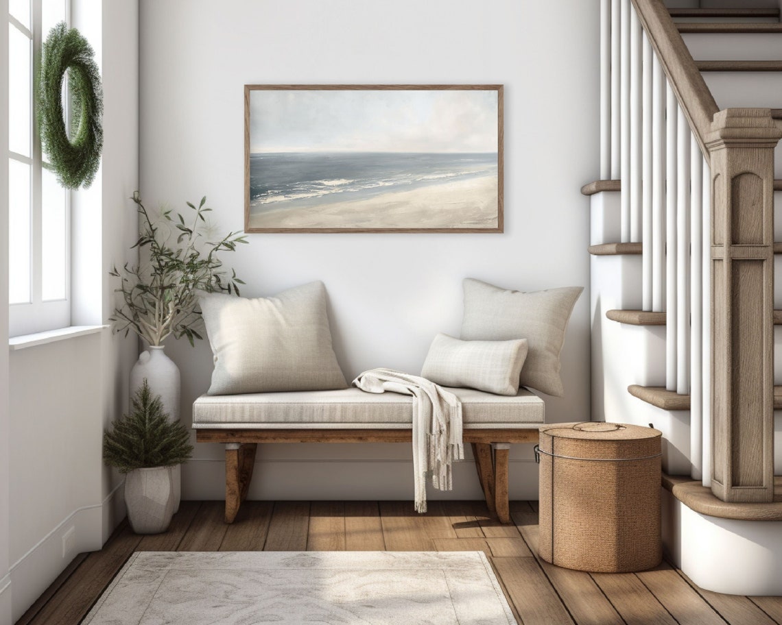 Minimalist Neutral Beach Gray Blue Ocean Calm Coastal Landscape Poster - Image 3