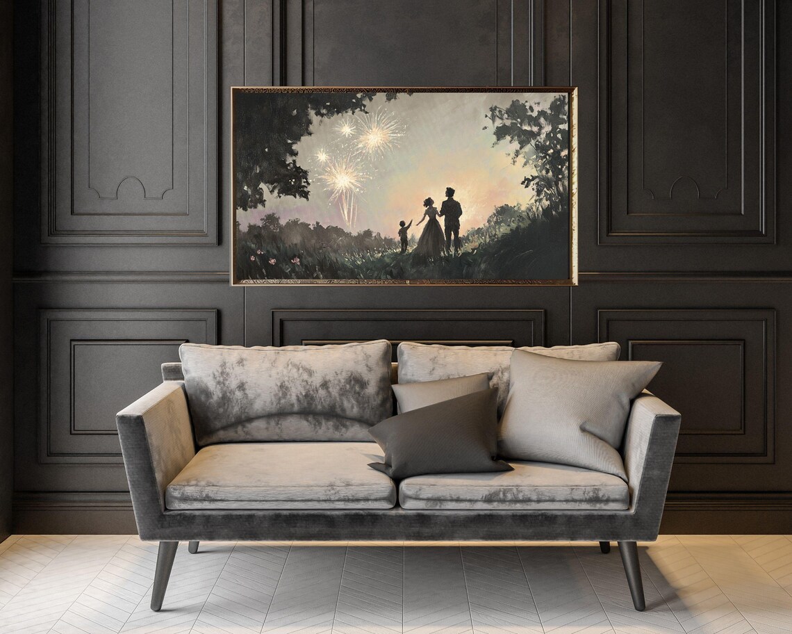 Frame Tv Art Family Watching Nye Fireworks New Years Eve Celebration Tv Screensaver Frame Tv Art Vintage Style Painting Tv567 - Image 3