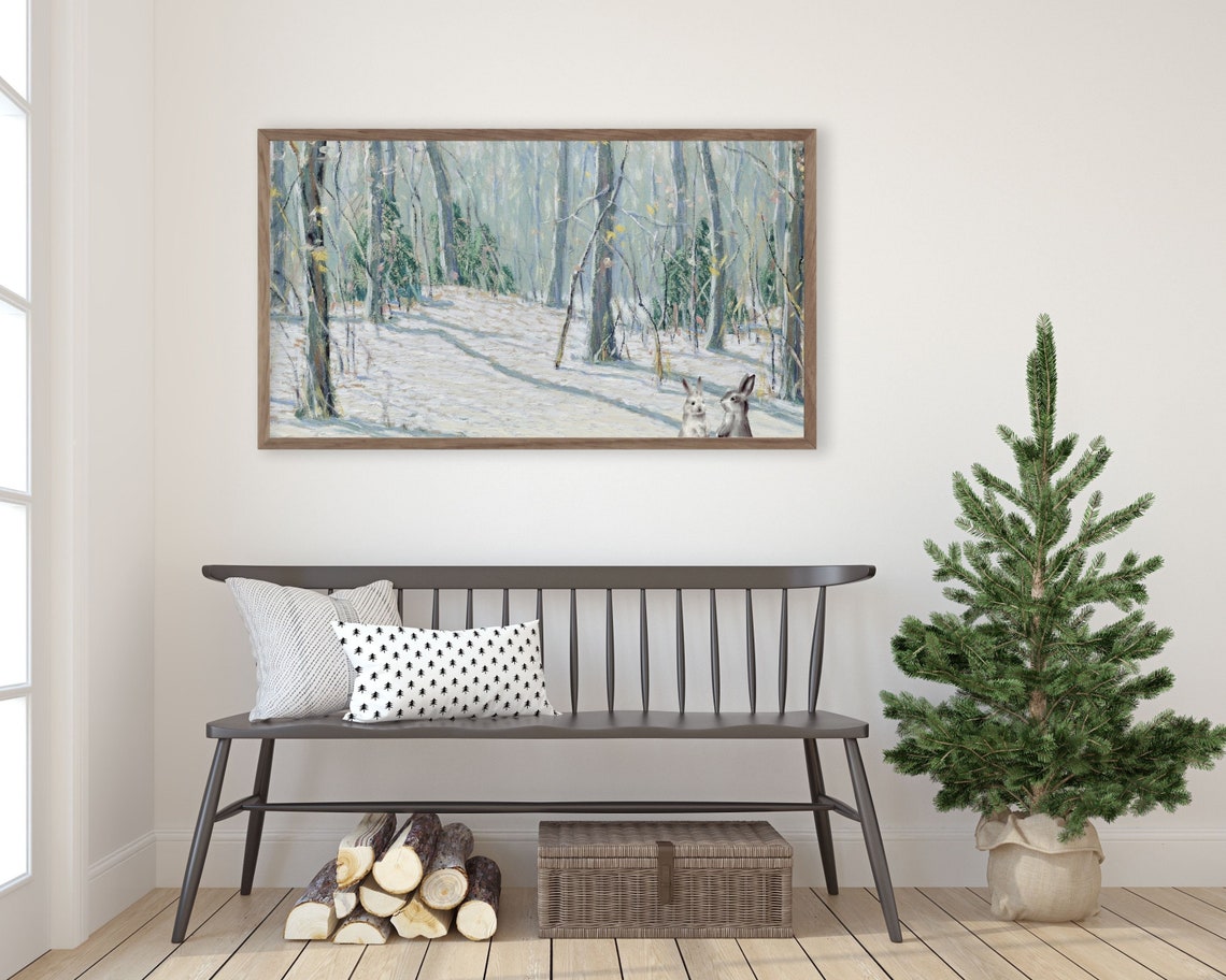 Frame Tv Art Bunnies In Snow Winter Tv Art Rabbits Christmas Frame Tv Art Winter Forest Vintage Painting Tv Art Tv122 - Image 3