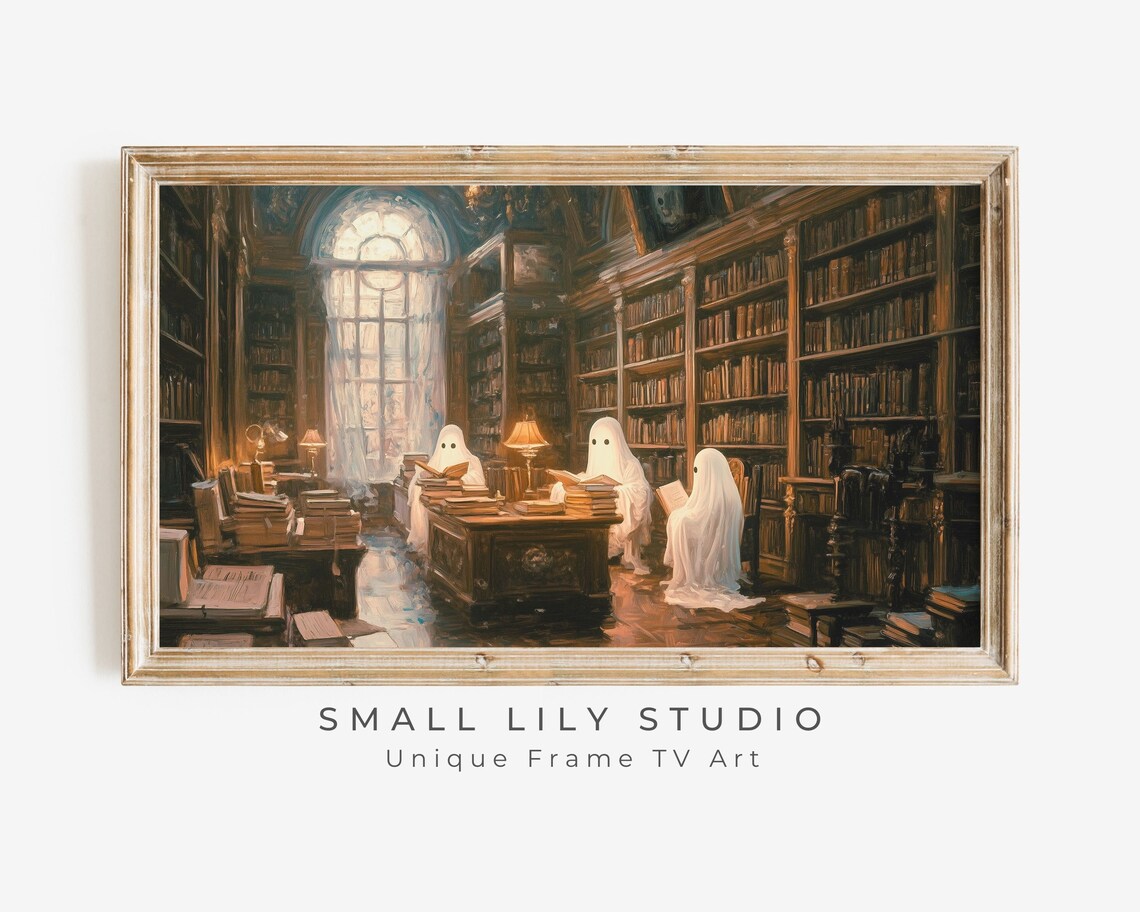 Ghosts In Library Halloween Art Print, Vintage Style