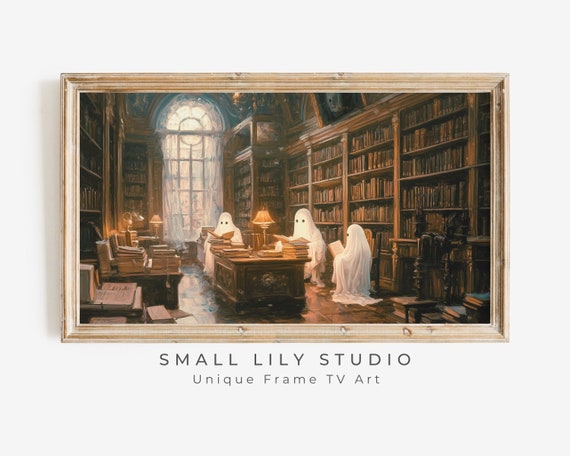 Ghosts In Library Halloween Art Print, Vintage Style