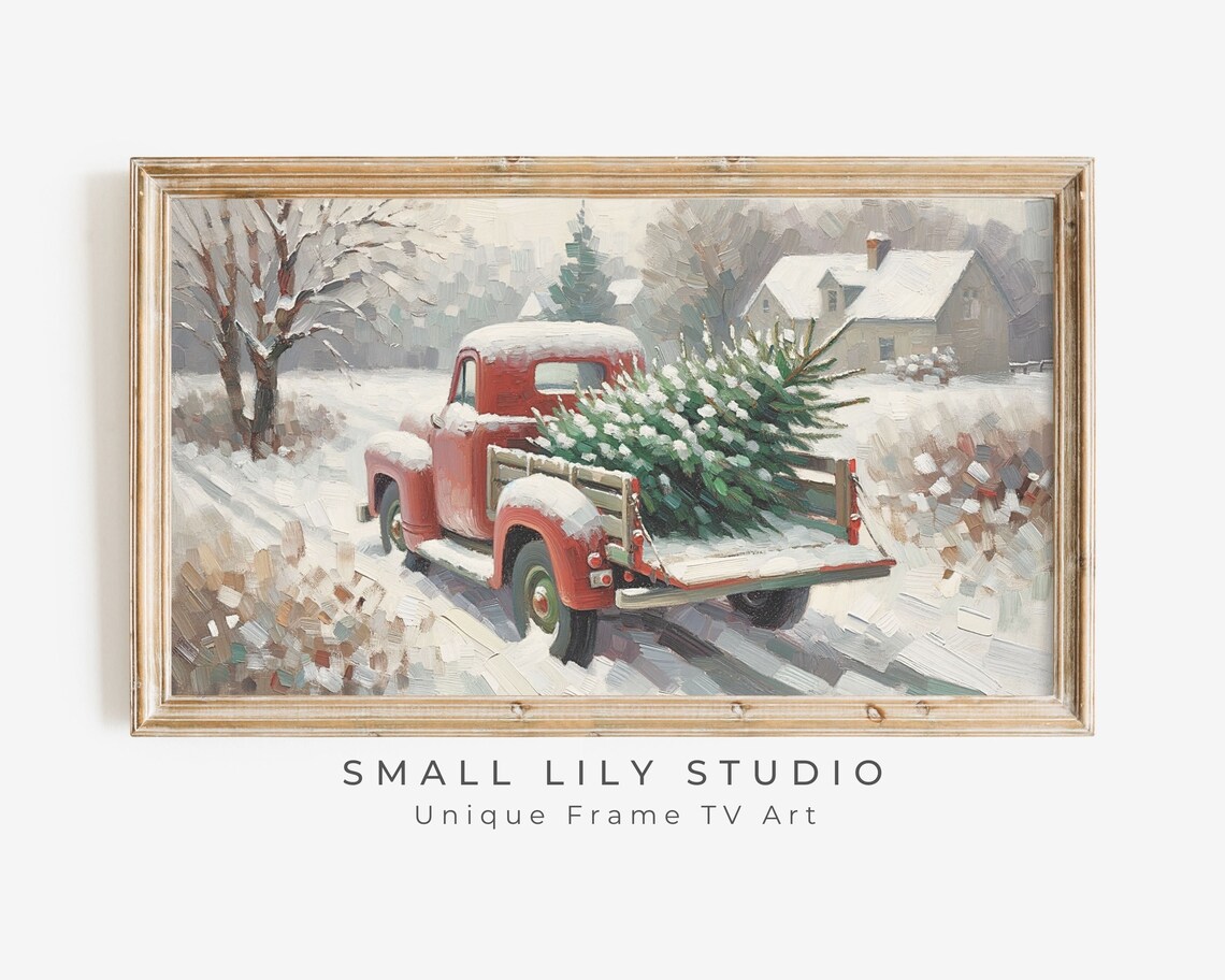 Red Truck With Pine Tree Christmas Art Print