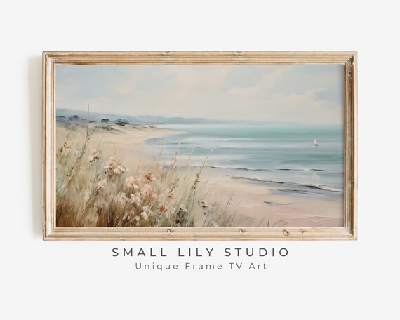Sandy Beach Dune Grass Pink Wildflowers Sailboat Coastal Scene Poster