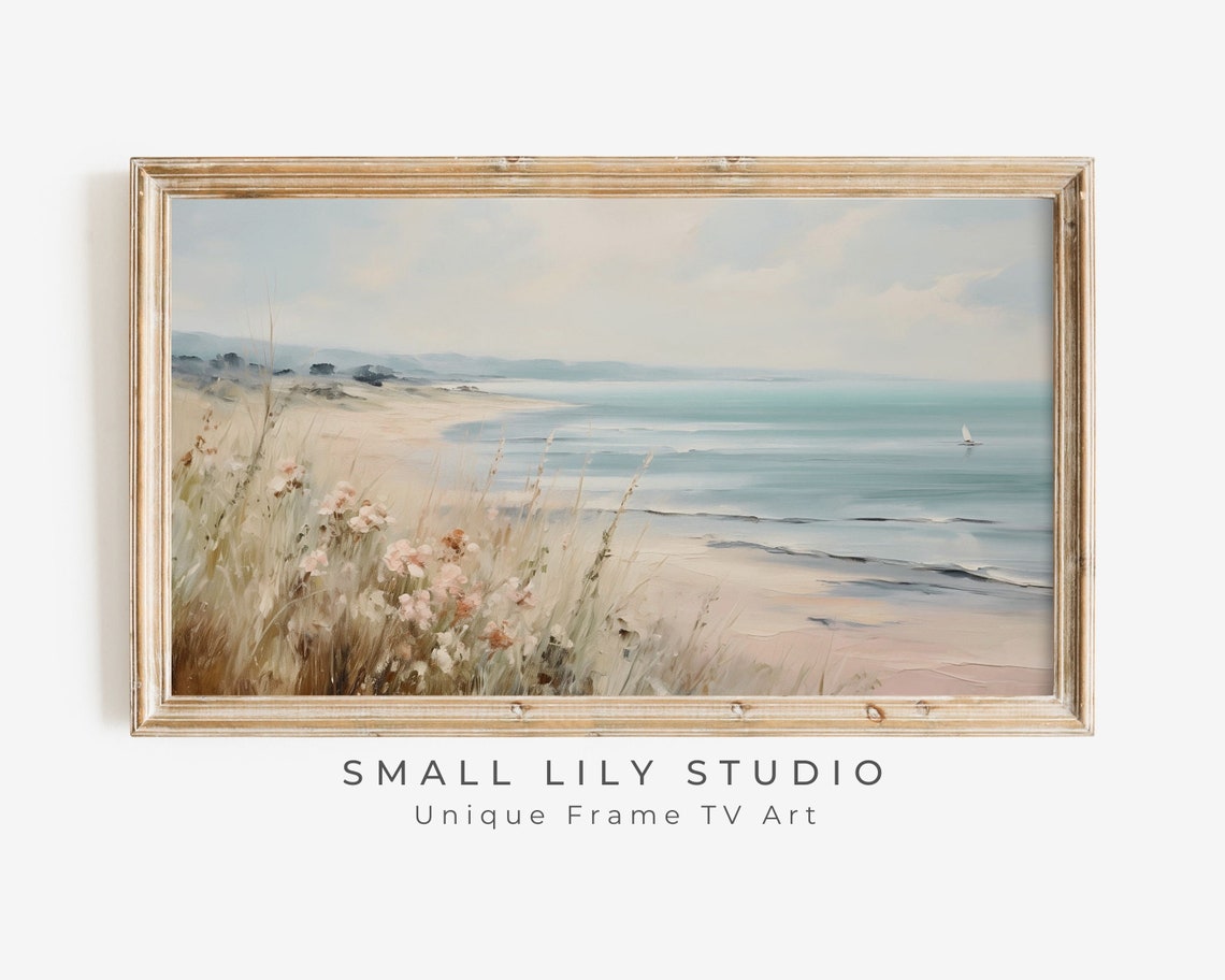 Sandy Beach Dune Grass Pink Wildflowers Sailboat Coastal Scene Poster