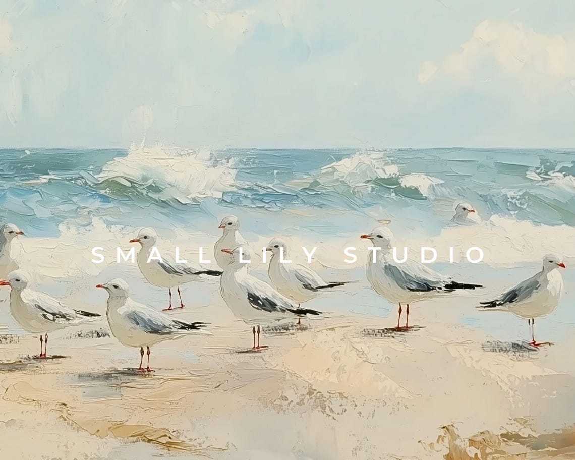 Seagull Flock On Sandy Beach Shore Ocean Waves Coastal Poster - Image 4
