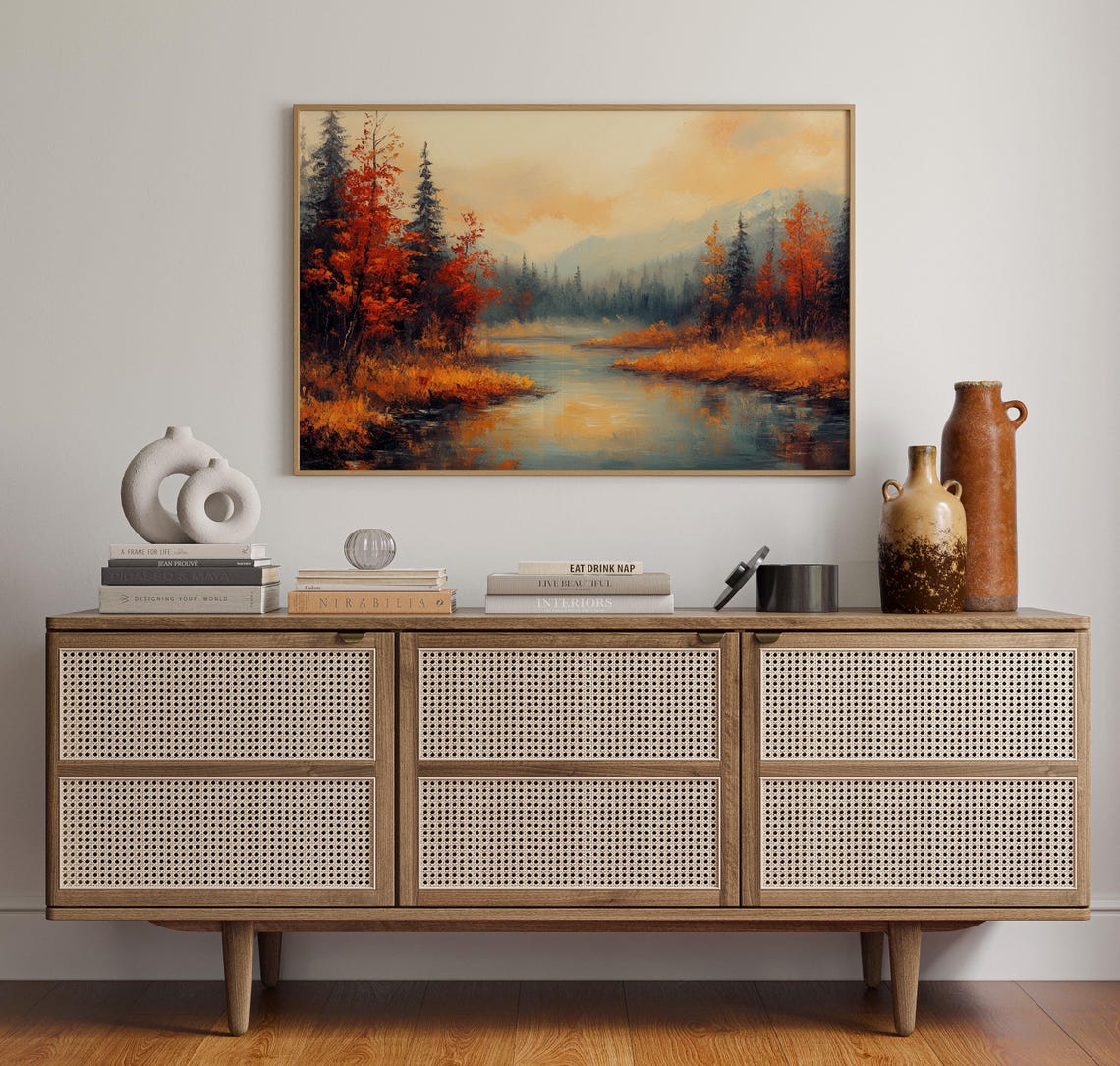Autumn River Landscape, Moody Nature Painting - Image 5