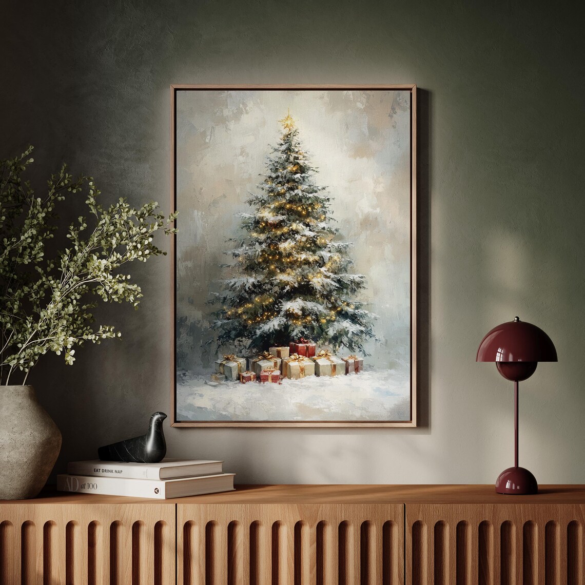 Snow Covered Christmas Tree With Glowing Lights And Gifts Art Poster - Image 2