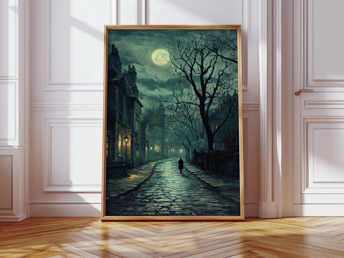 Victorian Moonlit Street, Moody Gothic Art Print - Image 2