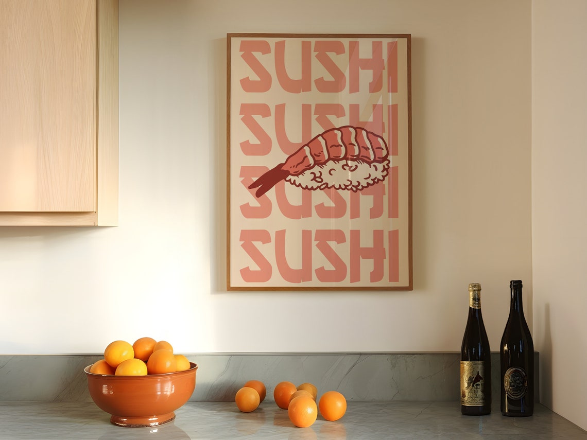 Ebi Shrimp Nigiri Sushi Retro Pink Typography Minimal Kitchen Wall Art