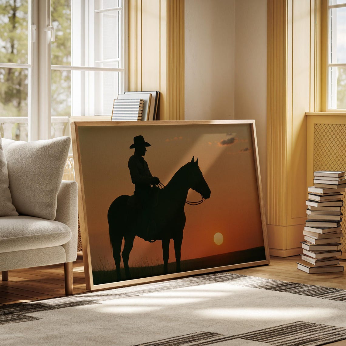 Silhouette Cowboy On Horse At Sunset, Western Landscape - Image 2