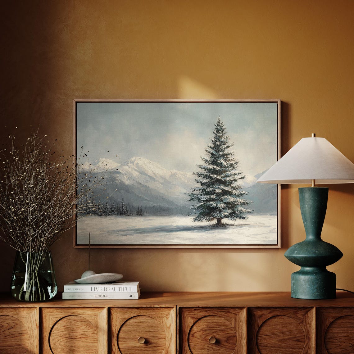Snow Covered Pine Tree With Mountain Backdrop Serene Winter Print - Image 4