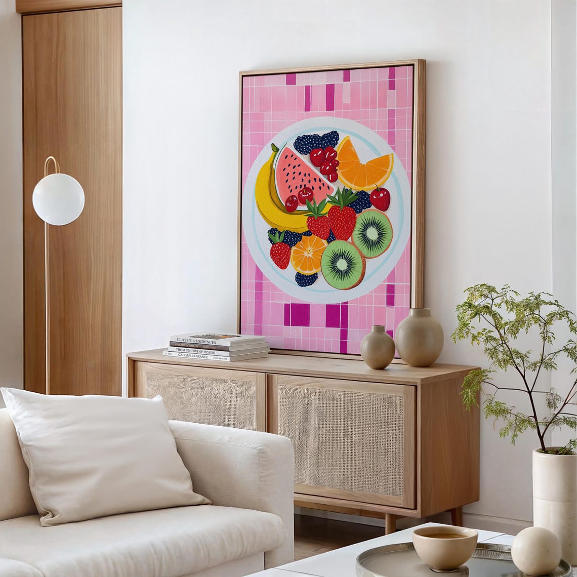 Colorful Fruit Plate Watermelon Kiwi Berries Pink Checkered Art Poster - Image 5