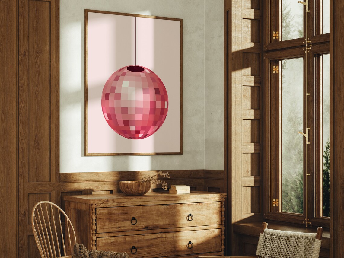 Pink Disco Ball Hanging Minimalist Retro Party Fun Modern Wall Poster