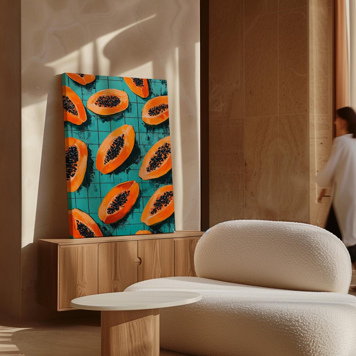 Vibrant Papaya Halves Against A Textured Teal Background In Bold Tropical Art Style - Image 5