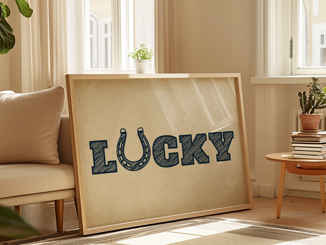 Lucky Horseshoe Letter Typography Navy Cream Good Luck Quote Poster