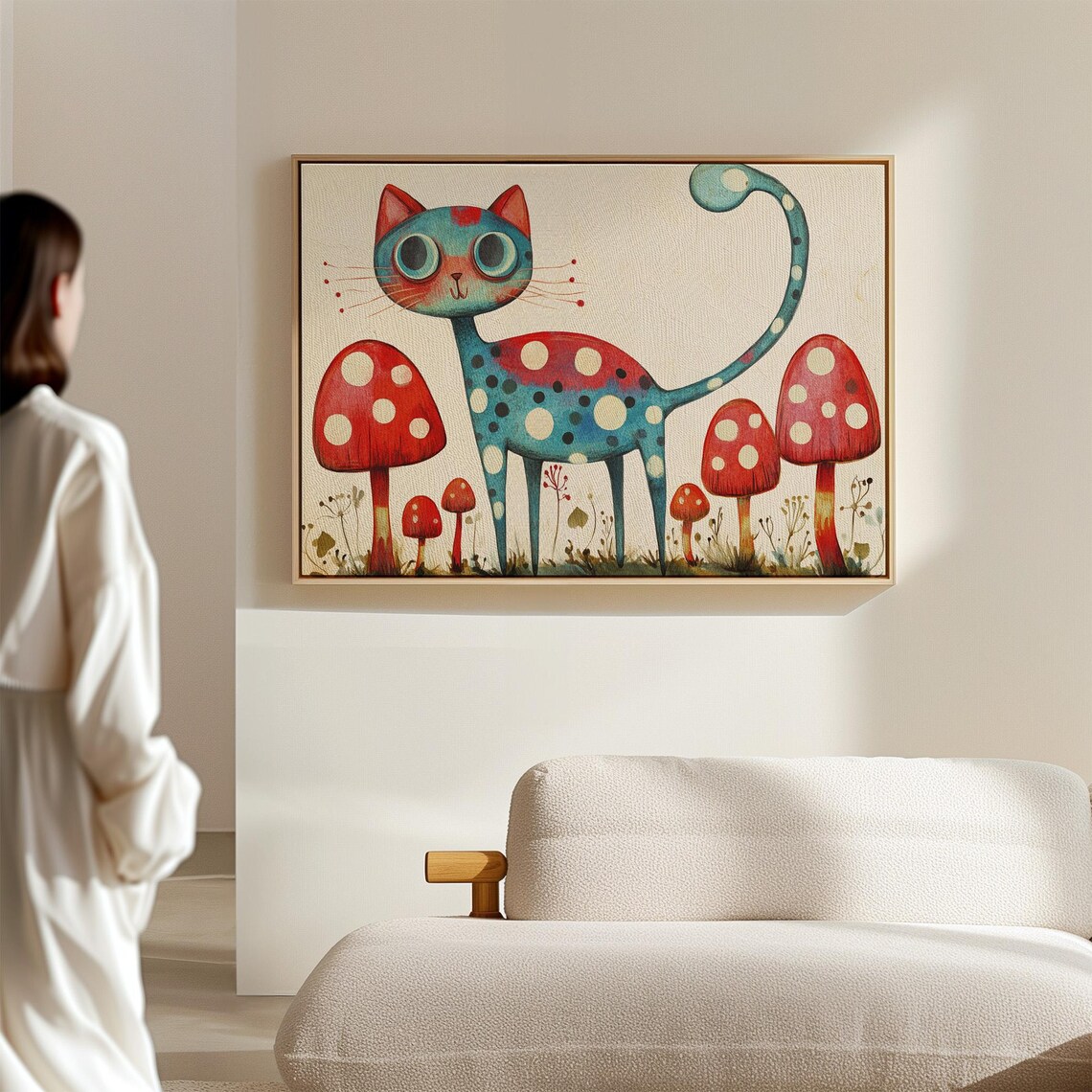 Quirky Polka Dot Blue Cat Among Red Mushrooms Whimsical Animal Poster - Image 4