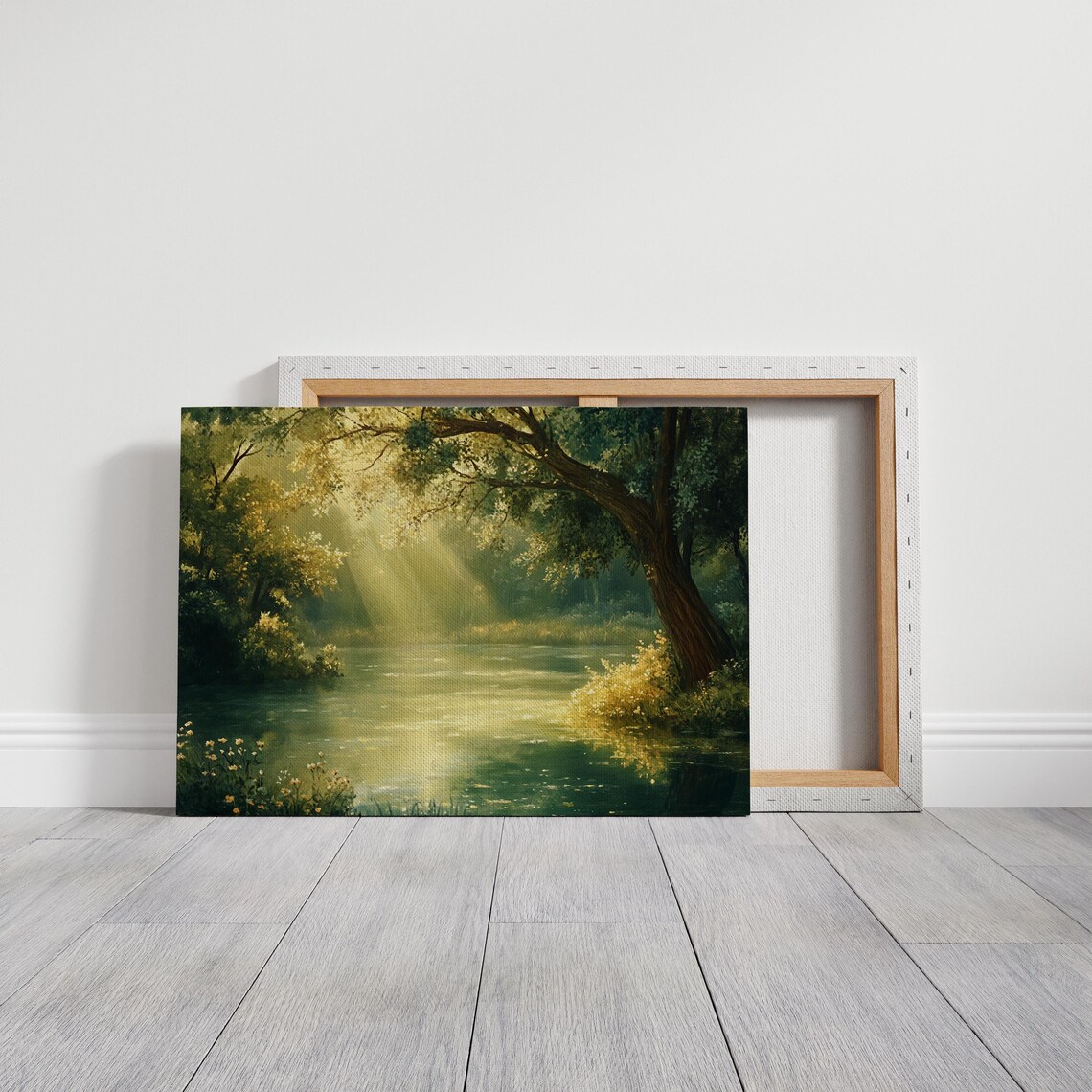 Golden Forest River, Peaceful Sunlit Landscape Art Print - Image 3