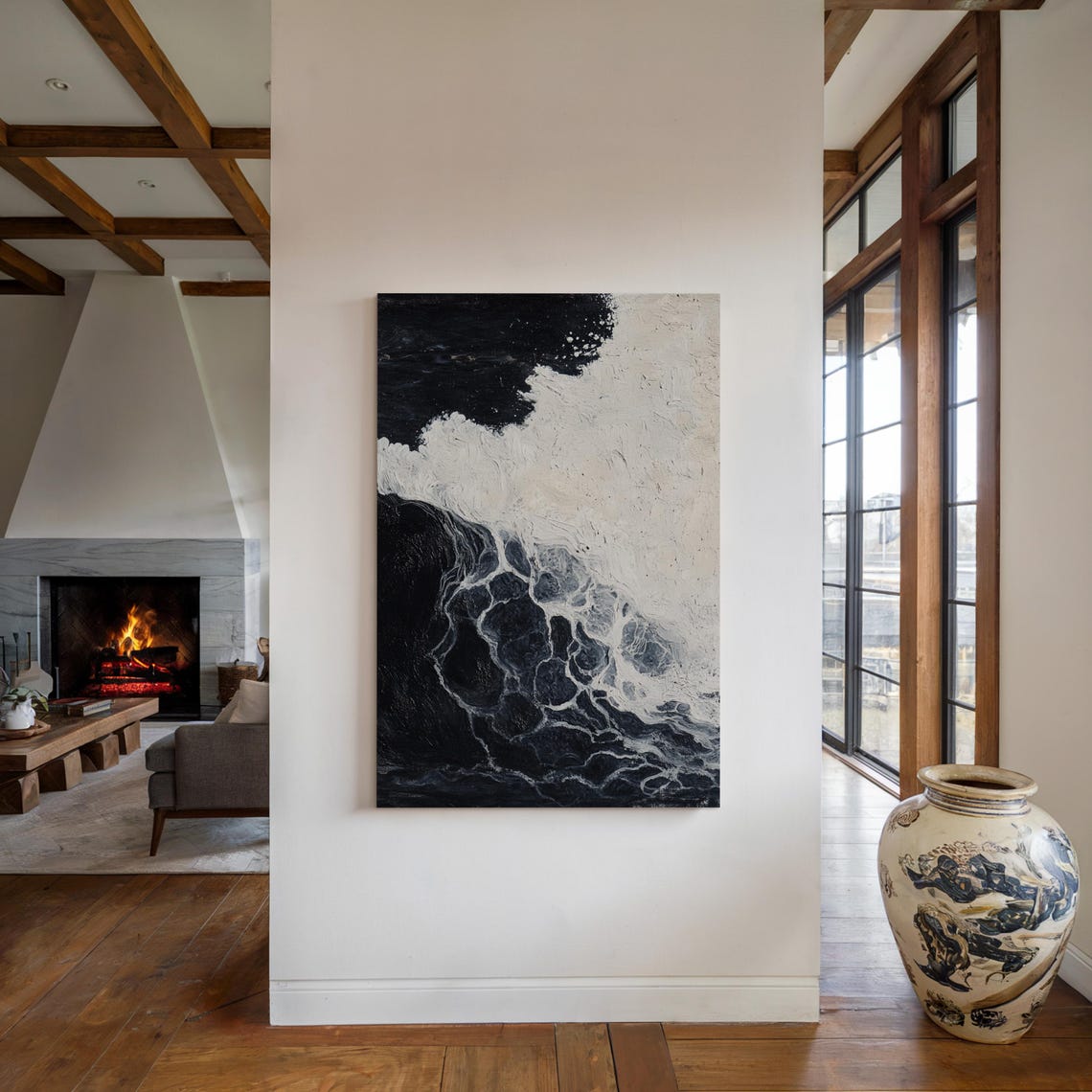 Abstract Ocean Wave Painting In Bold Black And White Textures Wall Art Print - Image 2