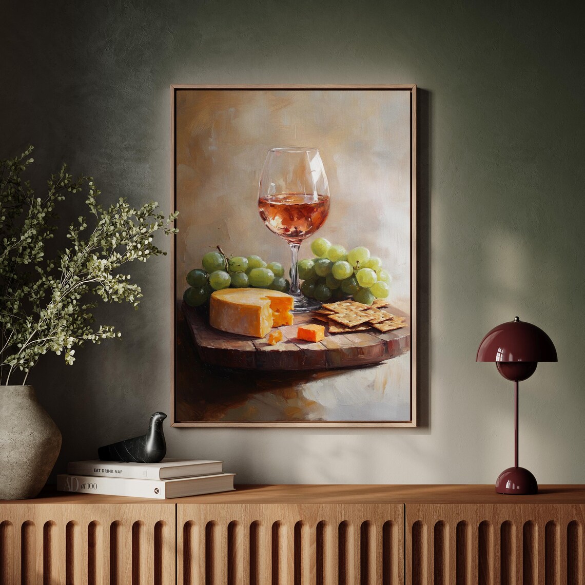 Rustic Wine Cheese Grapes Crackers Still Life Painting Kitchen Wall Poster - Image 2