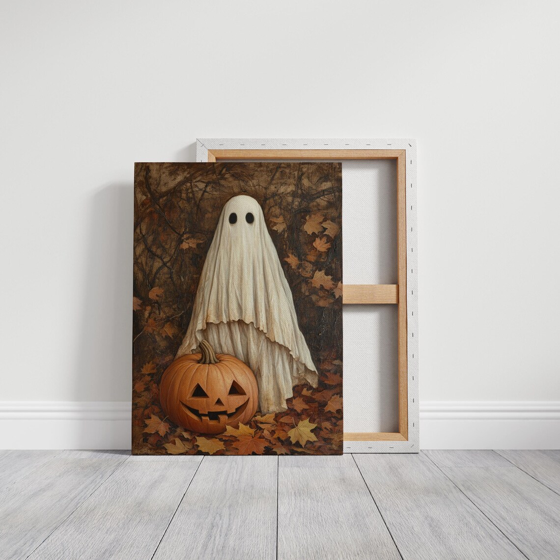 Cute Ghost With Carved Pumpkin Autumn Leaves Halloween Wall Art - Image 4
