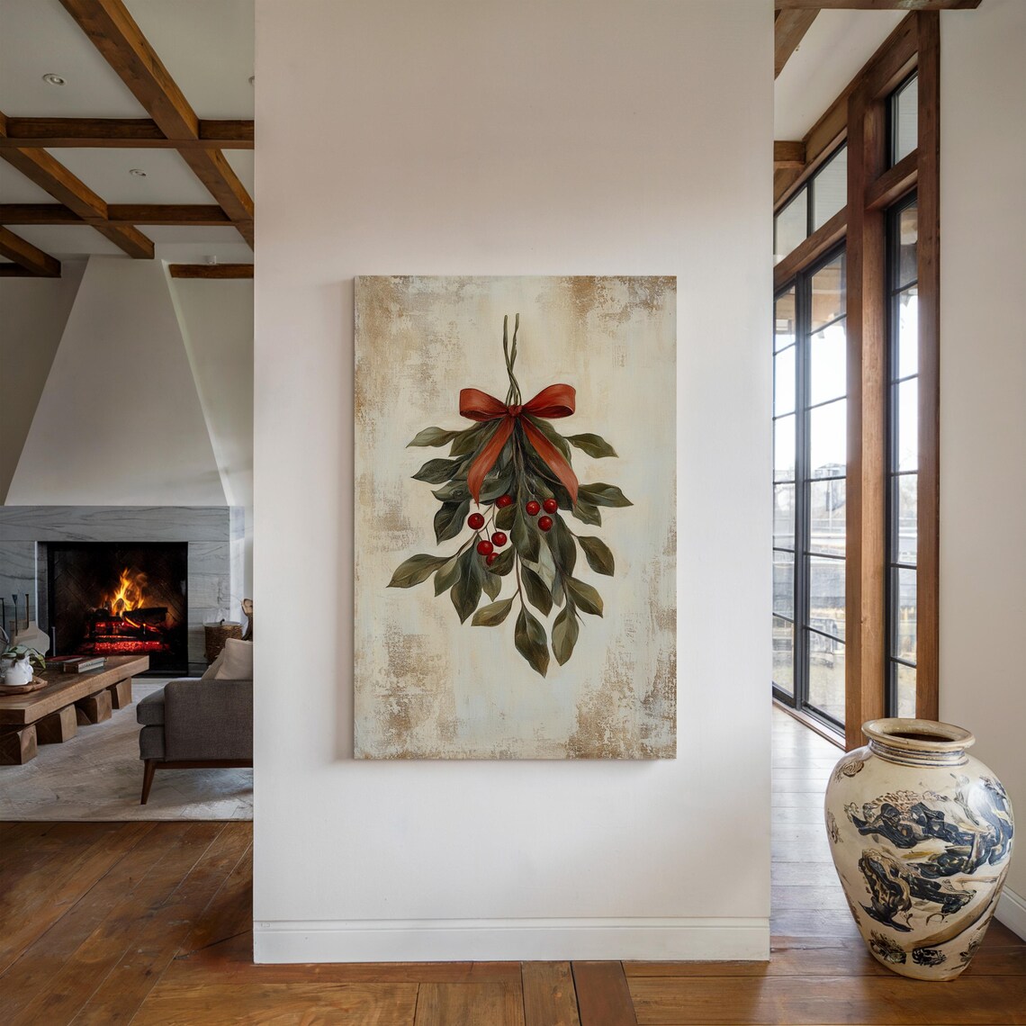 Vintage Mistletoe Painting, Rustic Christmas Decor - Image 3