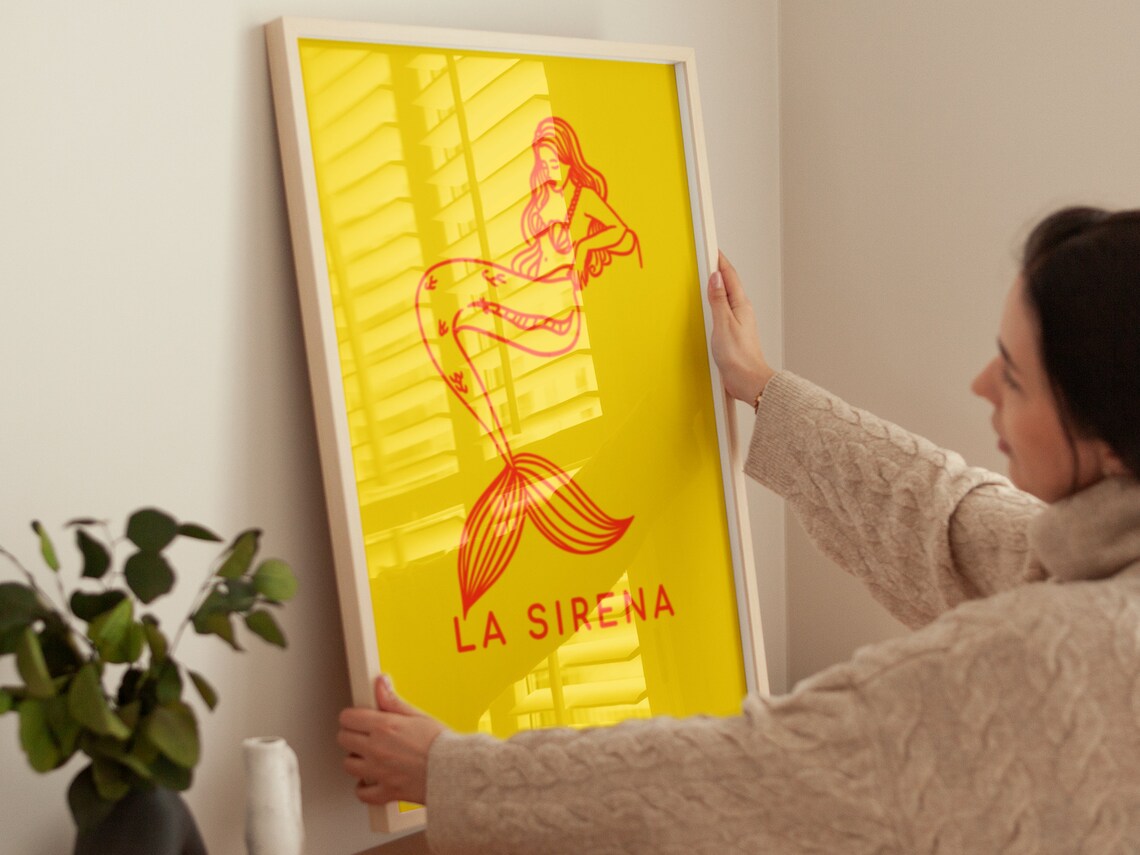 La Sirena Mermaid Red Line Art Bright Yellow Mexican Folk Art Poster - Image 2