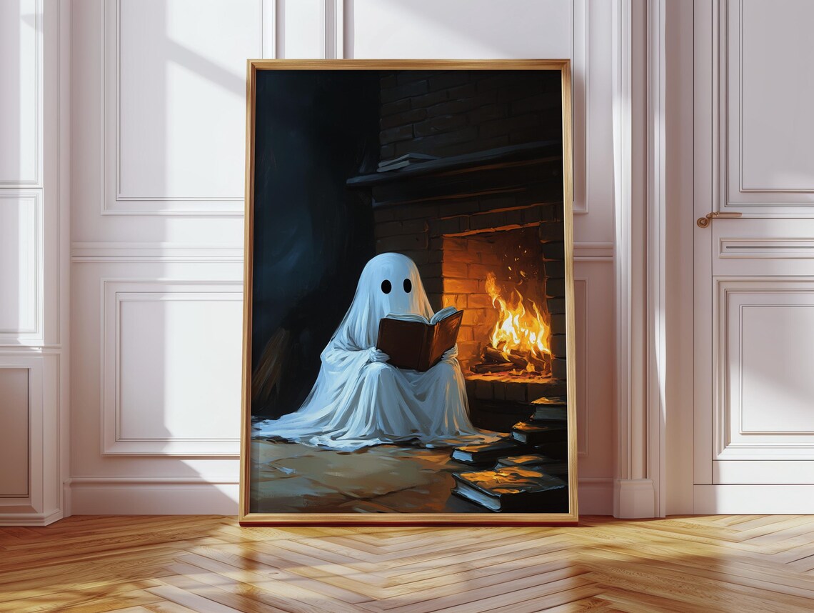 Cozy Ghost Reading By The Fireplace, Winter Gothic Art - Image 2