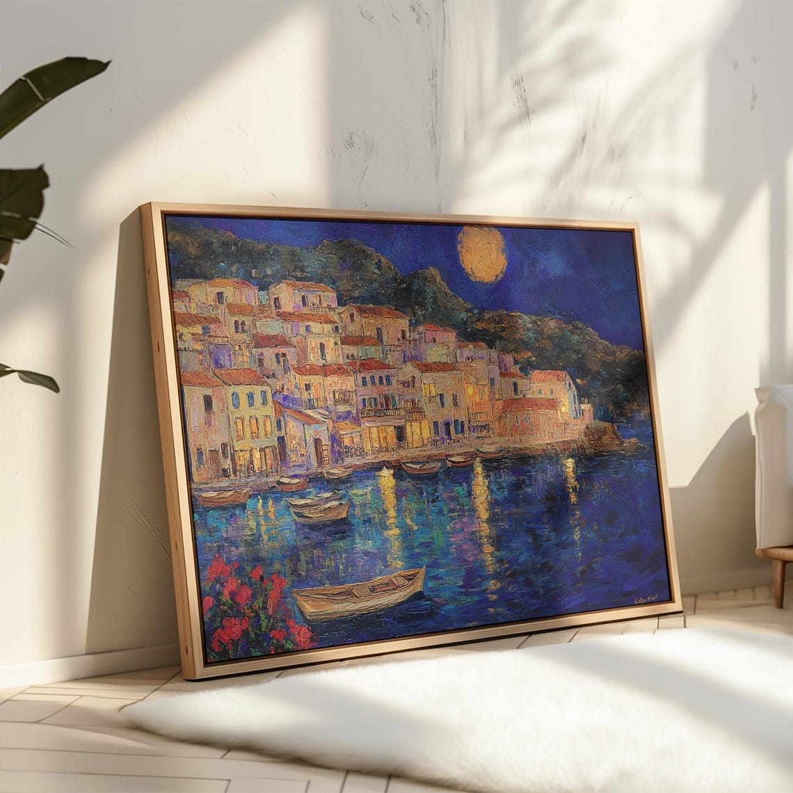 Mediterranean Harbor Night Moonlit Village Boats Reflections Art - Image 5