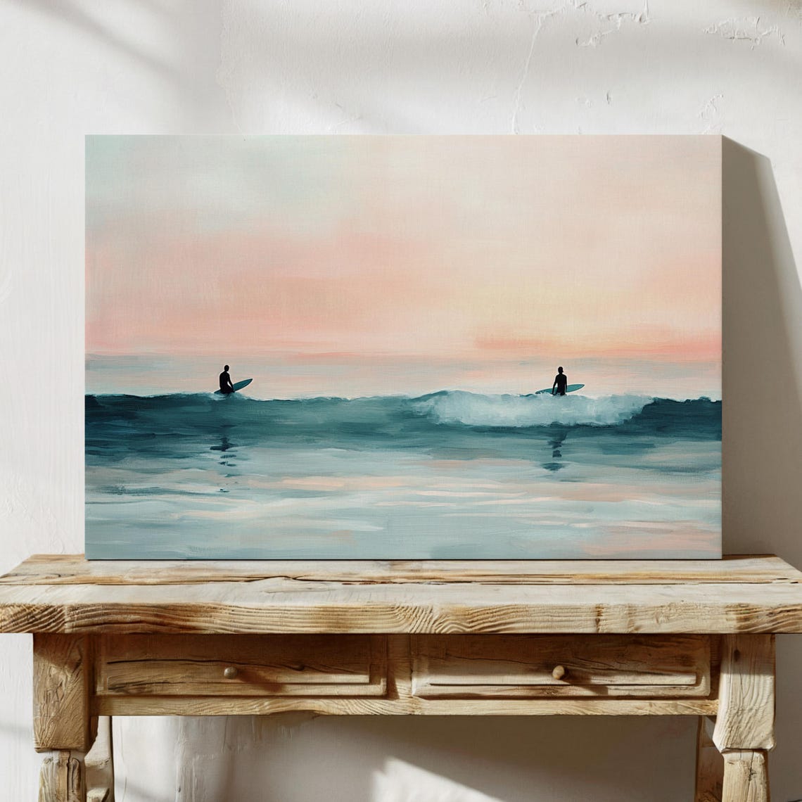 Two Surfers At Sunset Pastel Ocean Waves Silhouette Art Poster - Image 3